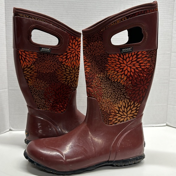Bogs Rain Boots Tall Pull On Insulated Temp Rated Floral Maroon Red Size 9 - Picture 1 of 8